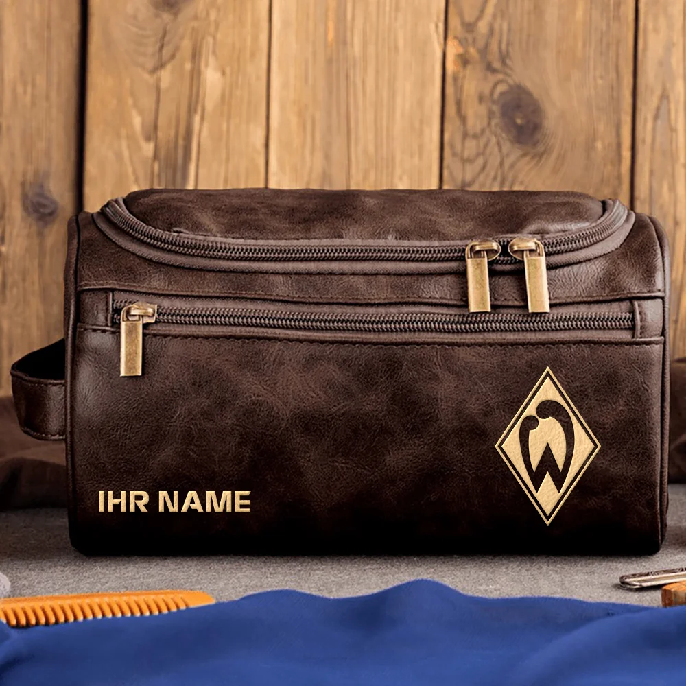SV Werder Bremen Exklusives Logo - Personalisierte Leder Kulturbeutel QTBUN180425A1SVW - Kaffee
